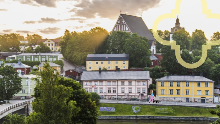 Varhaiskasvatuksen ohjaajan rekrytointikuva. Vanhan Porvoon maisema tuomiokirkolle, kuvassa myös ristipikto...