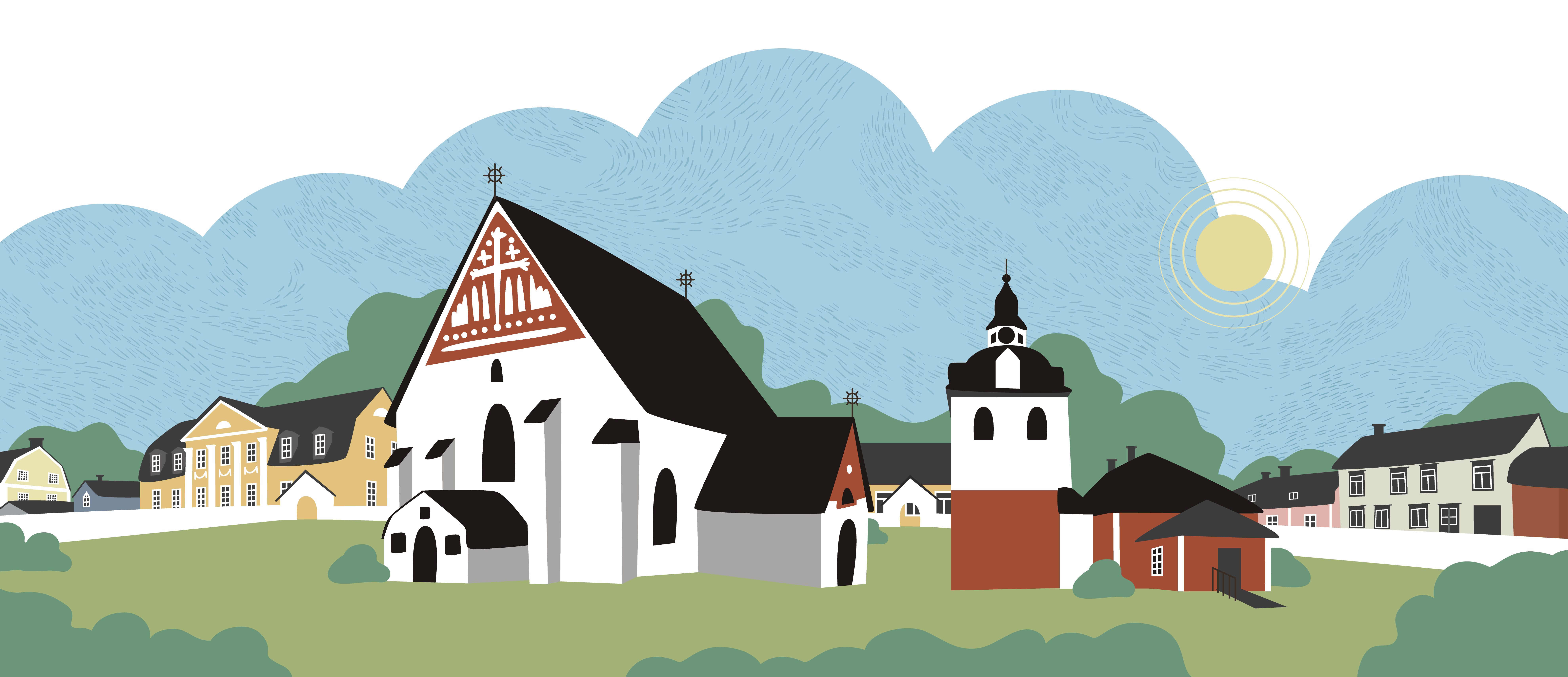 Piirretty kuvituskuva kirkkomaisema.