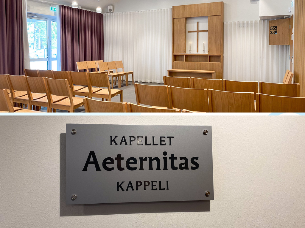 Kappelitila ja kyltti jossa teksti Kapellet Aeternitas Kappeli.
