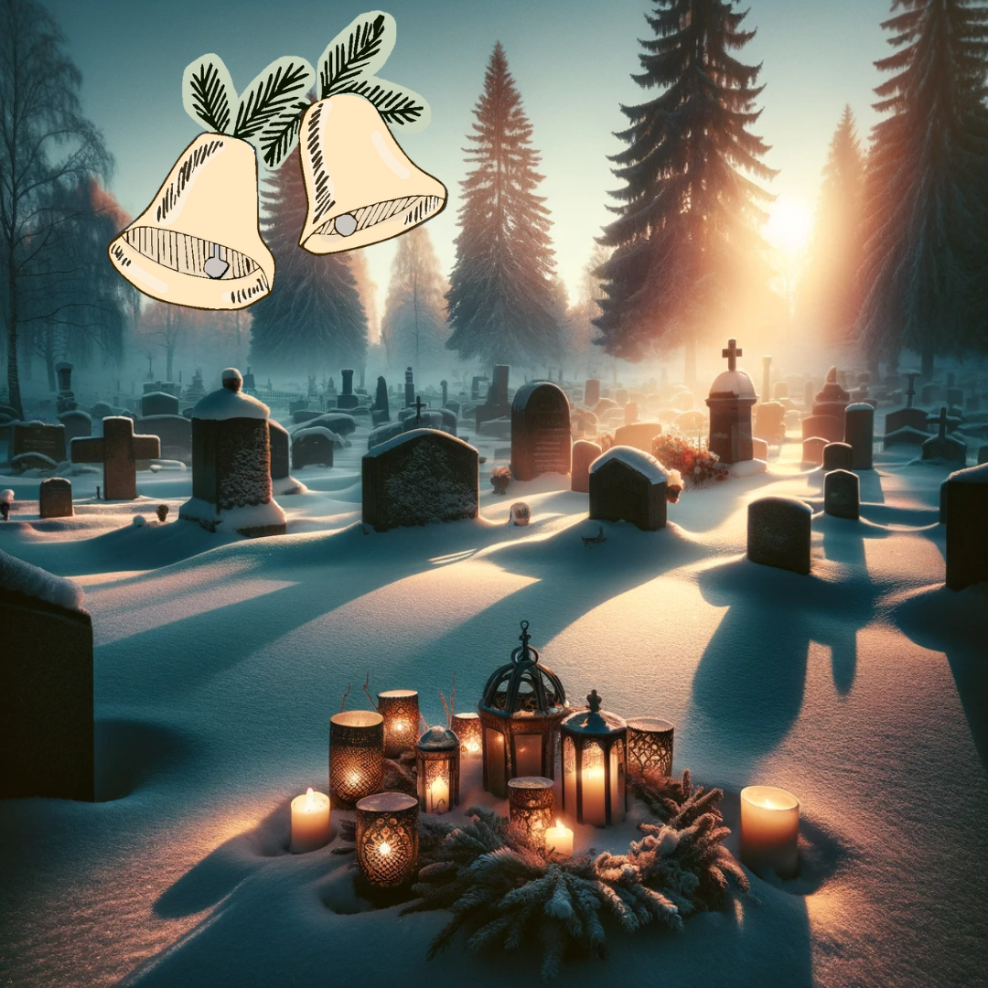 Tekoälykuva talvisesta hautausmaasta.