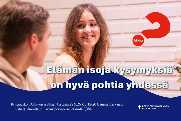 Alta-kurssi. Elämän isoja kysymyksiä on hyvä pohtia yhdessä. Kuvassa nuori mies ja nainen katsovat toisiaan.