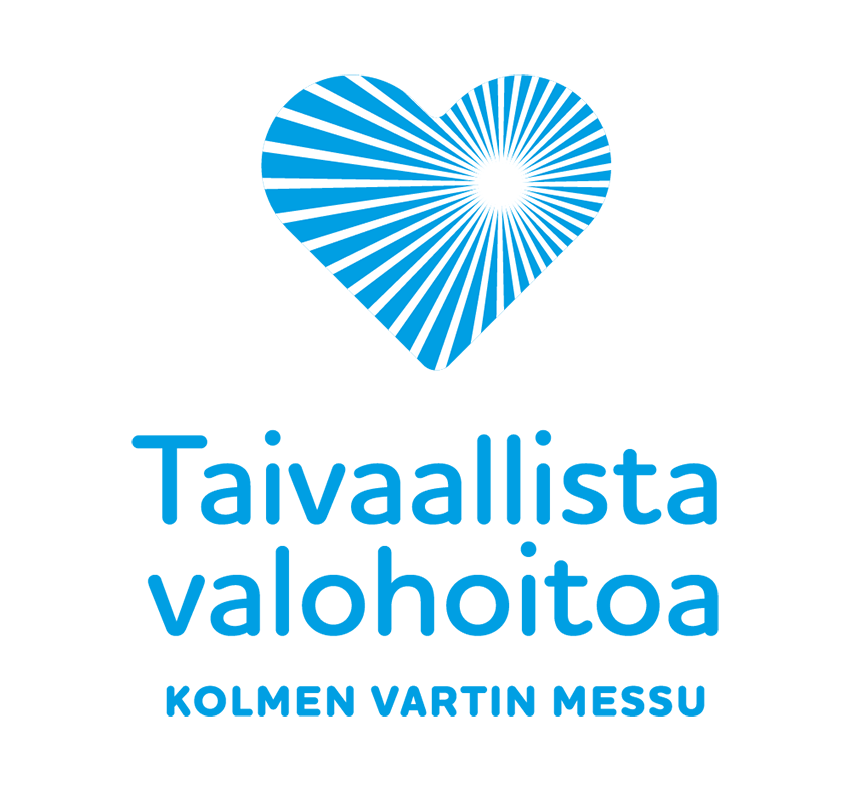 sinivalkoinen sydän, josta lähtee valon säteitä sinisellä pohjalla.