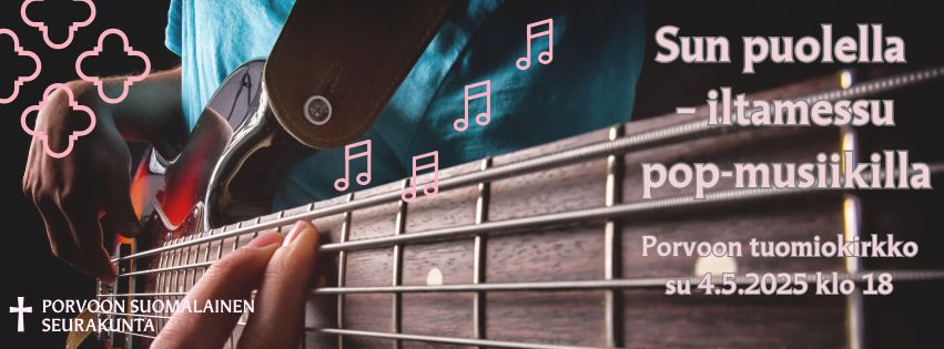 Sun puolella - iltamessu popmusiikilla Kuvassa näkyy sähköbasso, jota soitetaan. Soittajalla on yllään turkoosi paita.