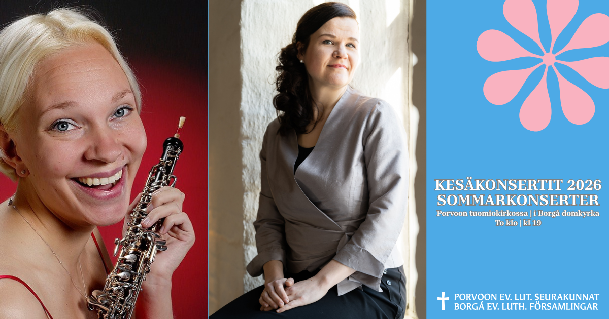 Kuvassa Anna-Kaisa Pippuri oboe kädessään, Katri Vanhamäki istumassa.