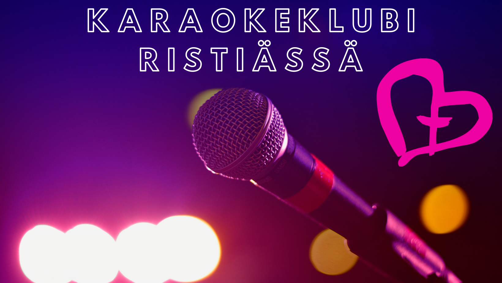 Mikrofoni tummanvioletilla taustalla, teksti karaokeklubi ristiässä sekä yhteisvastuukeräyksen sydänlogo