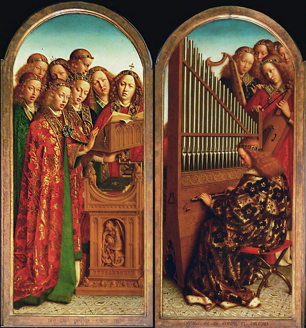 Kuvassa maalaus keskiajalta, vasemmalla puolella kuoro laulamassa ja oikealla puolella pieni orkesteri jossa urut, lyyra ja harppu.