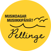 Pellingin musiikkipäivien logo: keltainen ympyrä, jossa aaltokuvio ja lintuja sekä teksti musikdagar musiikkipäivät Pellinge