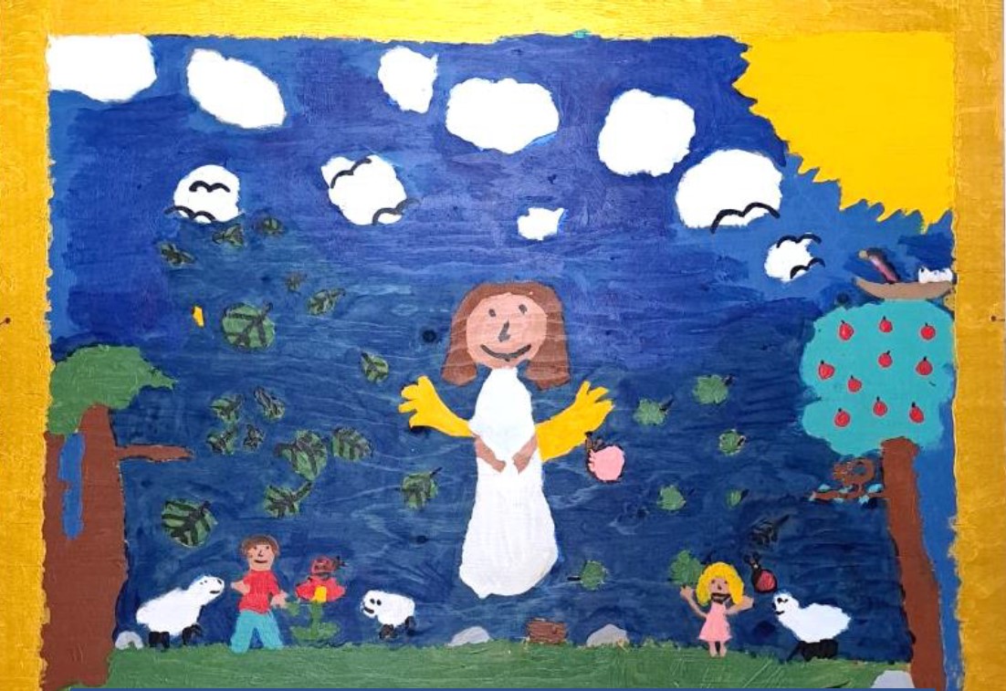 Piirretty kuva jossa enkeli ja lapsia.
