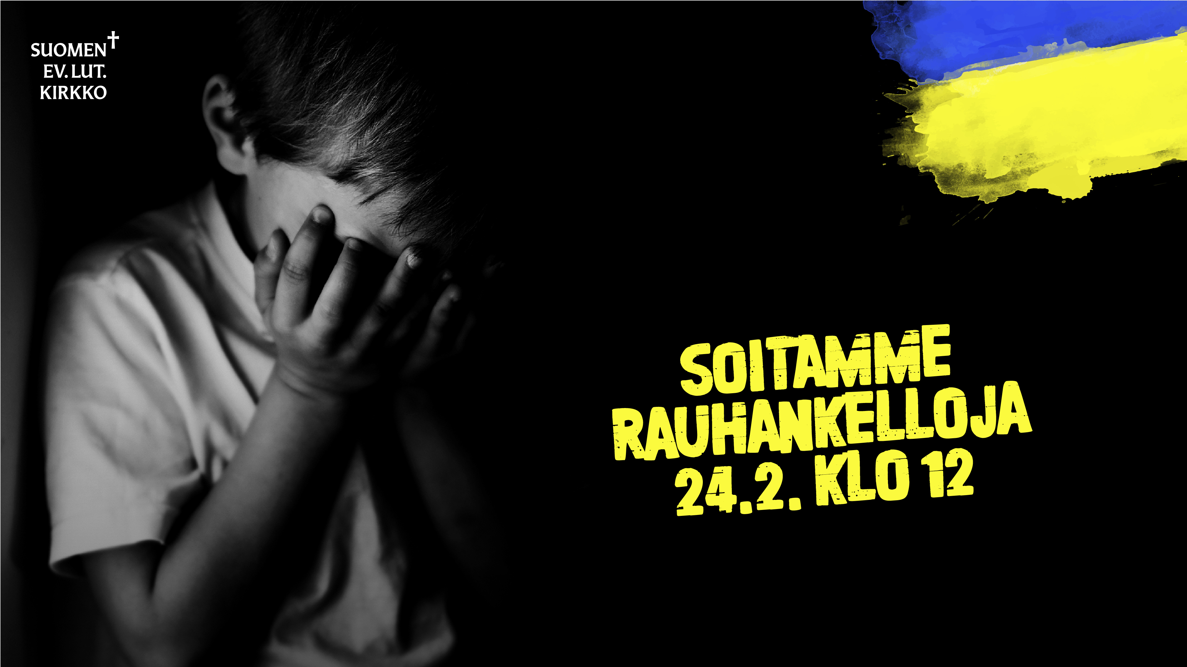 Soitamme rauhankelloja Svartvit bild av ett barn med händer för ögonen, Gul text Soitamme Rauhankelloja. ain