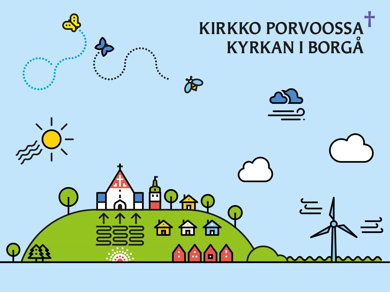 Tecknad bild av Borgå med miljösymboler såsom jordvärme och vindkraft. Texten Kirkko Porvoossa Kyrkan i Bor...