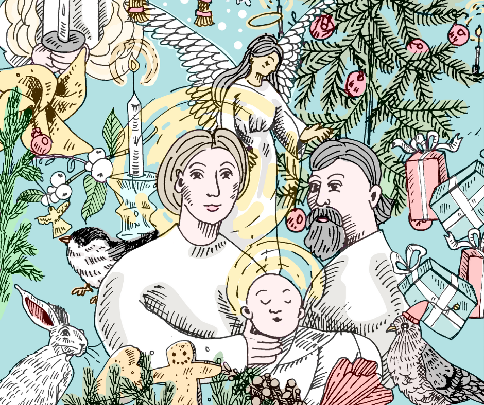 Piirretty kuva jossa enkeli, Maria, Joosef ja Jeesuslapsi.